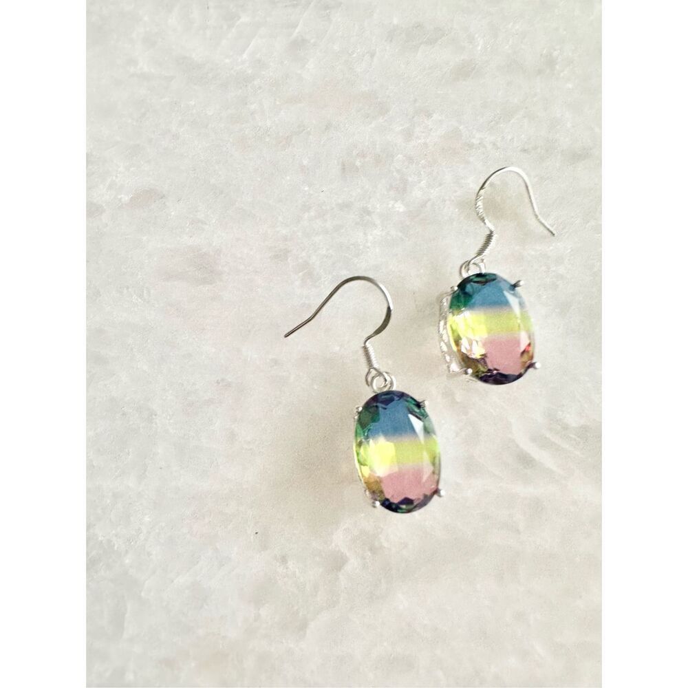 Blue, yellow, and pink ombre oval cut dangle earrings
